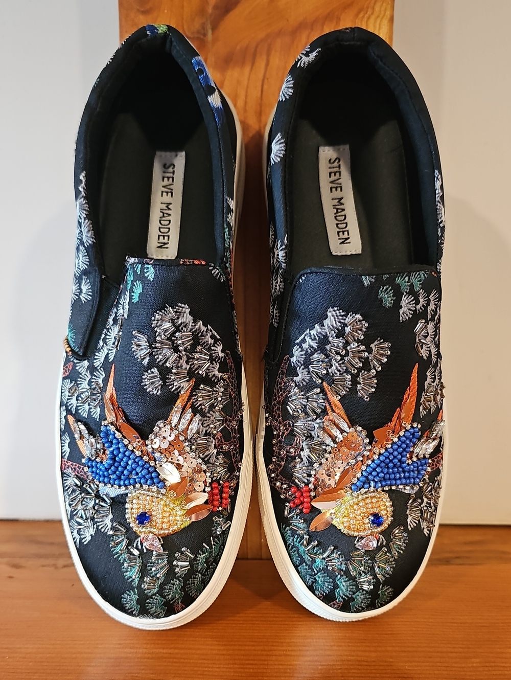 Steve Madden Black Embroidered Slip-On Shoes with Multicolor Beaded Birds